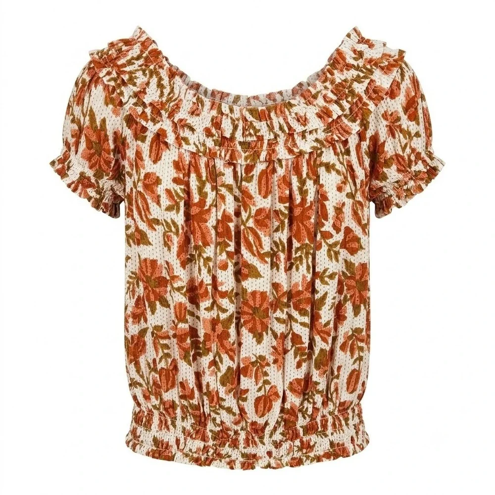 NEW Free People FP One Floral Smocked Peasant Top White‎ Orange Boho Medium - AC
